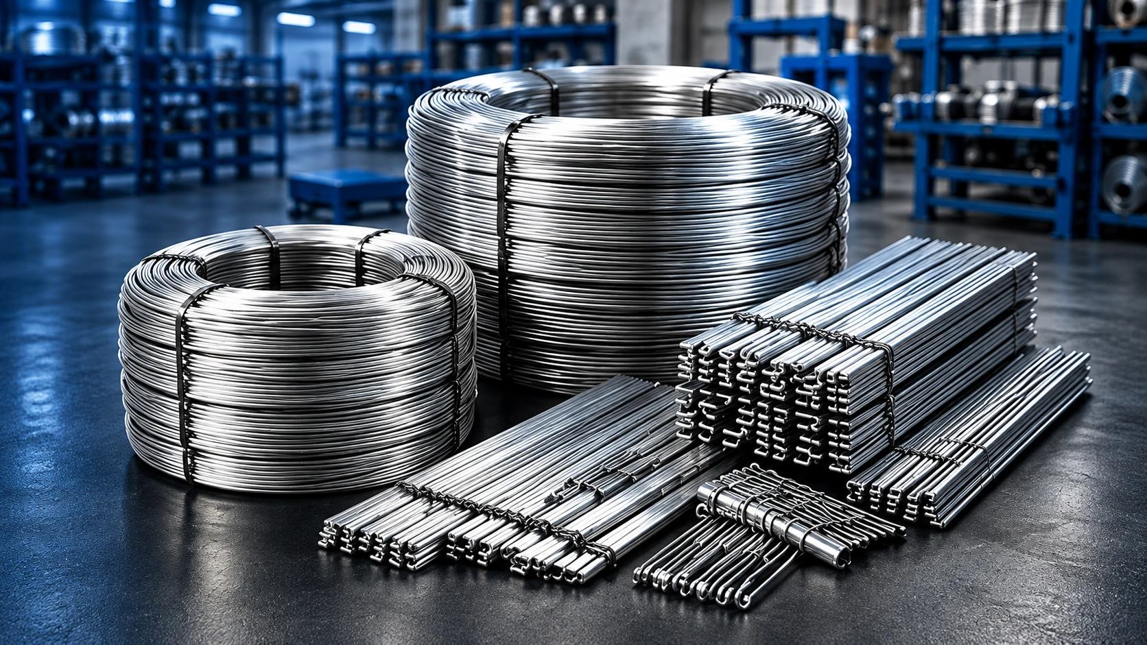 Coils of galvanized steel wire and brush anchor wire strips