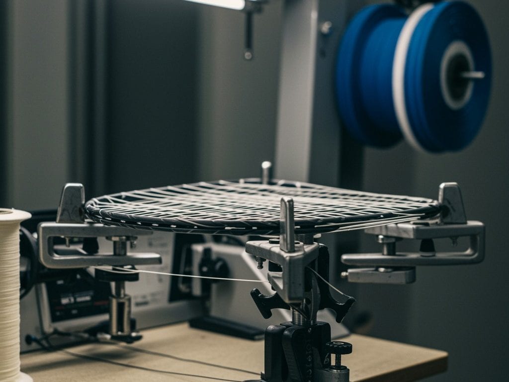Close-up of nylon yarn spool used for making high-quality racket strings.