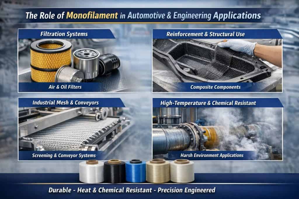 Monofilament used in automotive and engineering applications for filtration, reinforcement, and conv.