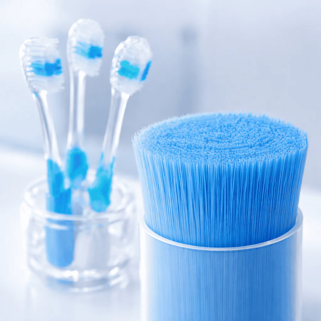 Blue monofilament bristles for oral care toothbrushes, close-up image.